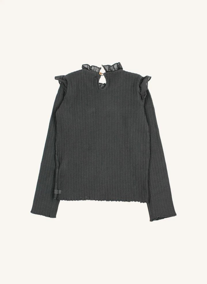 Búho - Camiseta de canalé con volante | Gris carbón