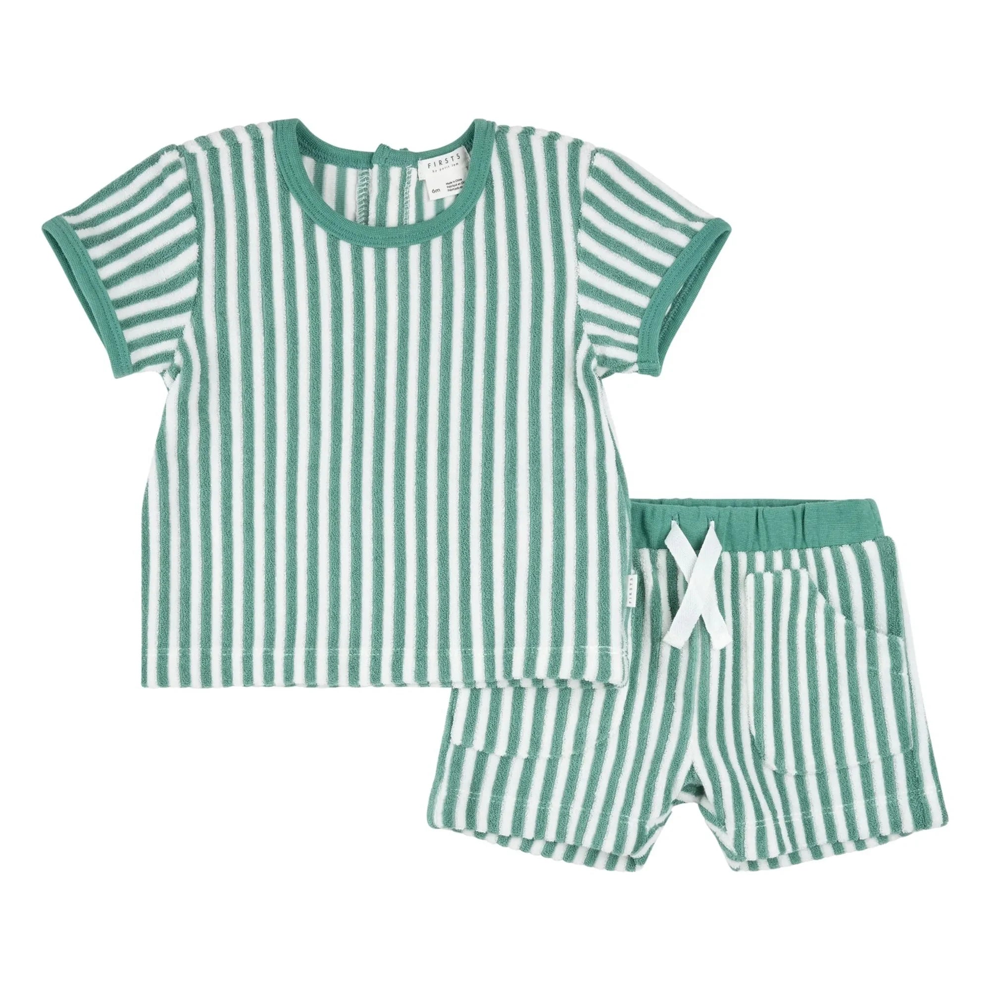 Petit Lem - Conjunto de camiseta y pantalón corto de algodón orgánico a rayas | Turquesa