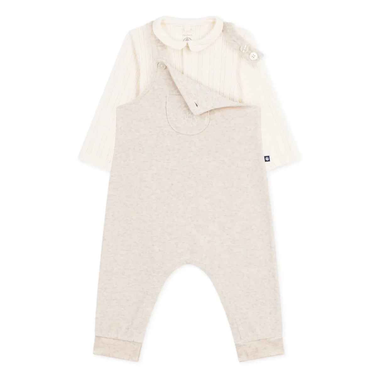 Petit Bateau - Conjunto de body de terciopelo de algodón orgánico y peto | Beige