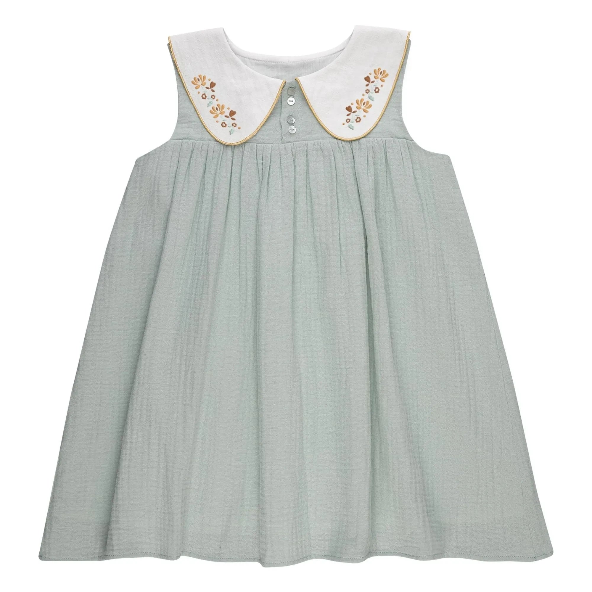 THE LiTTLE POETS - Vestido de algodón orgánico bordado con cuello Peter Pan | Verde almendra