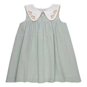 THE LiTTLE POETS - Vestido de algodón orgánico bordado con cuello Peter Pan | Verde almendra