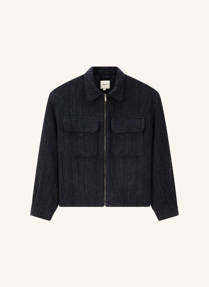Noyoco - Chaqueta de lana reciclada con patrón de espiga Kinsale | Azul marino