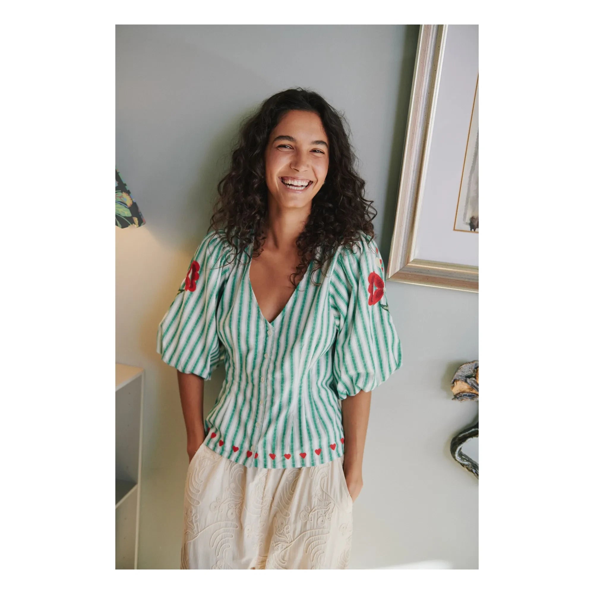 SISSEL EDELBO - Blusa de algodón orgánico a rayas Lotta | Verde