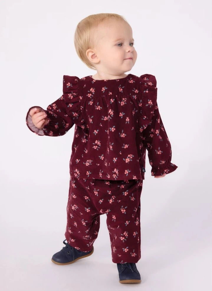 Petit Bateau - Pantalón de terciopelo de algodón orgánico con estampado floral | Burdeos