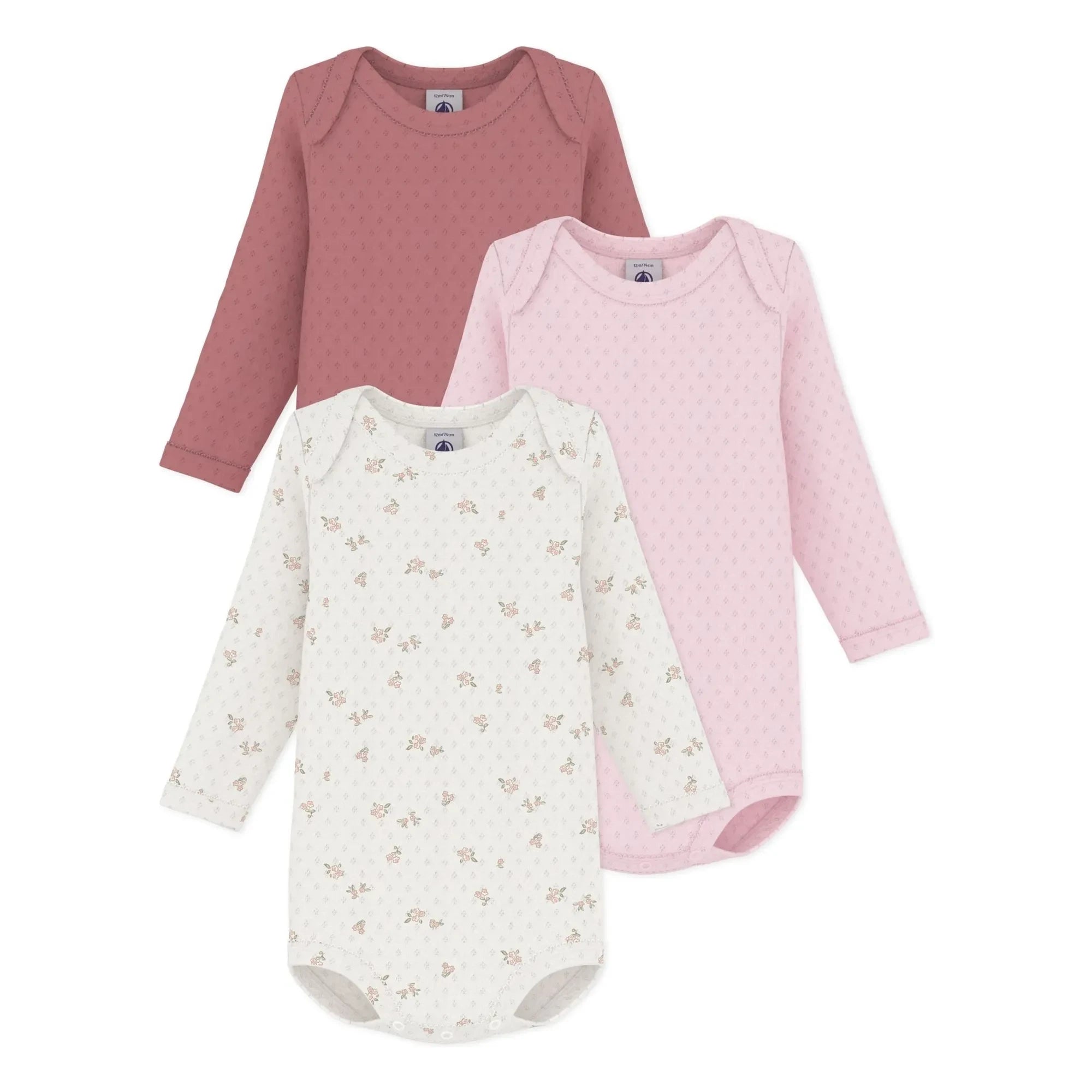 Petit Bateau - Set de 3 bodies de algodón orgánico Pointelle | Rosa