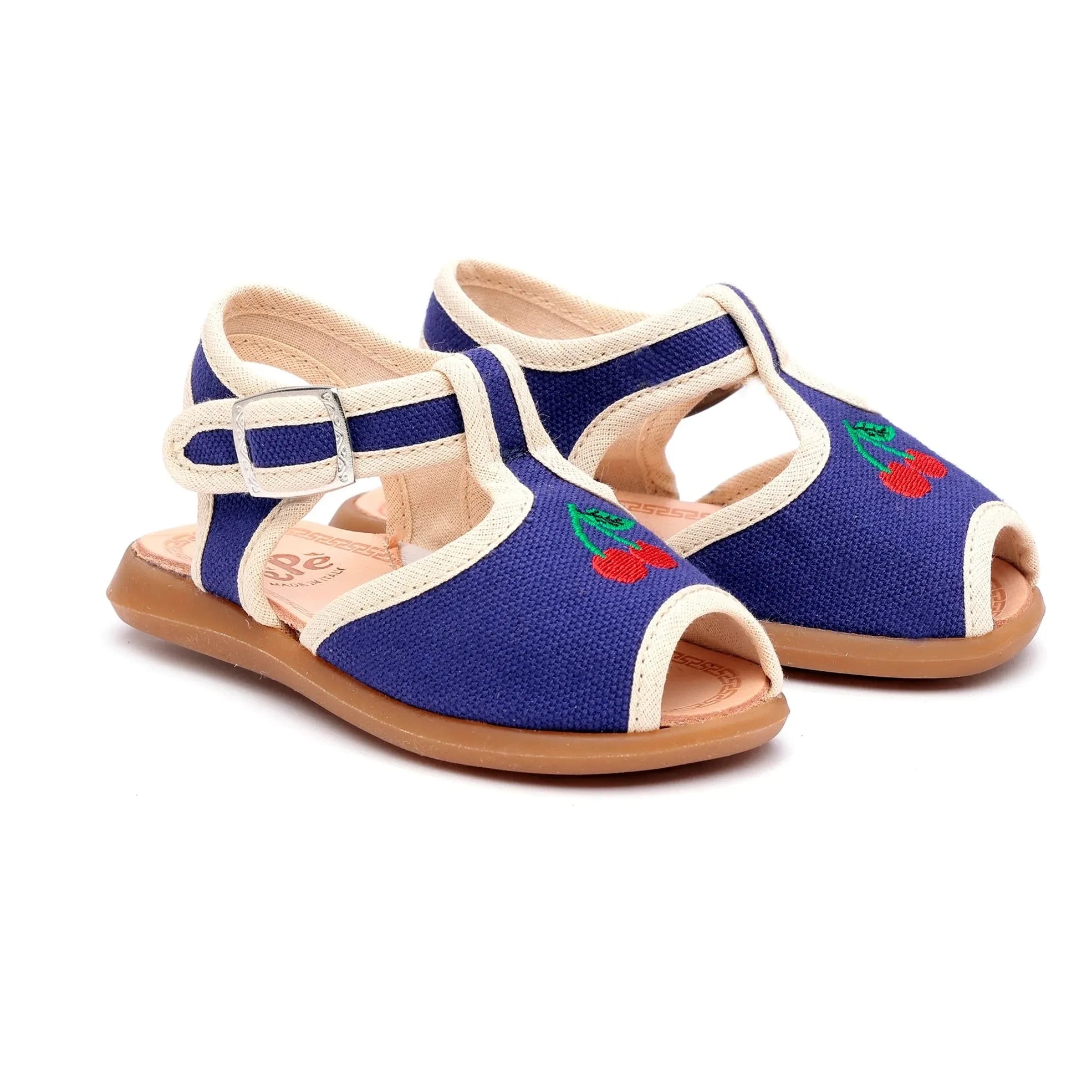Pèpè - Sandalias bordadas de cerezas | Azul índigo