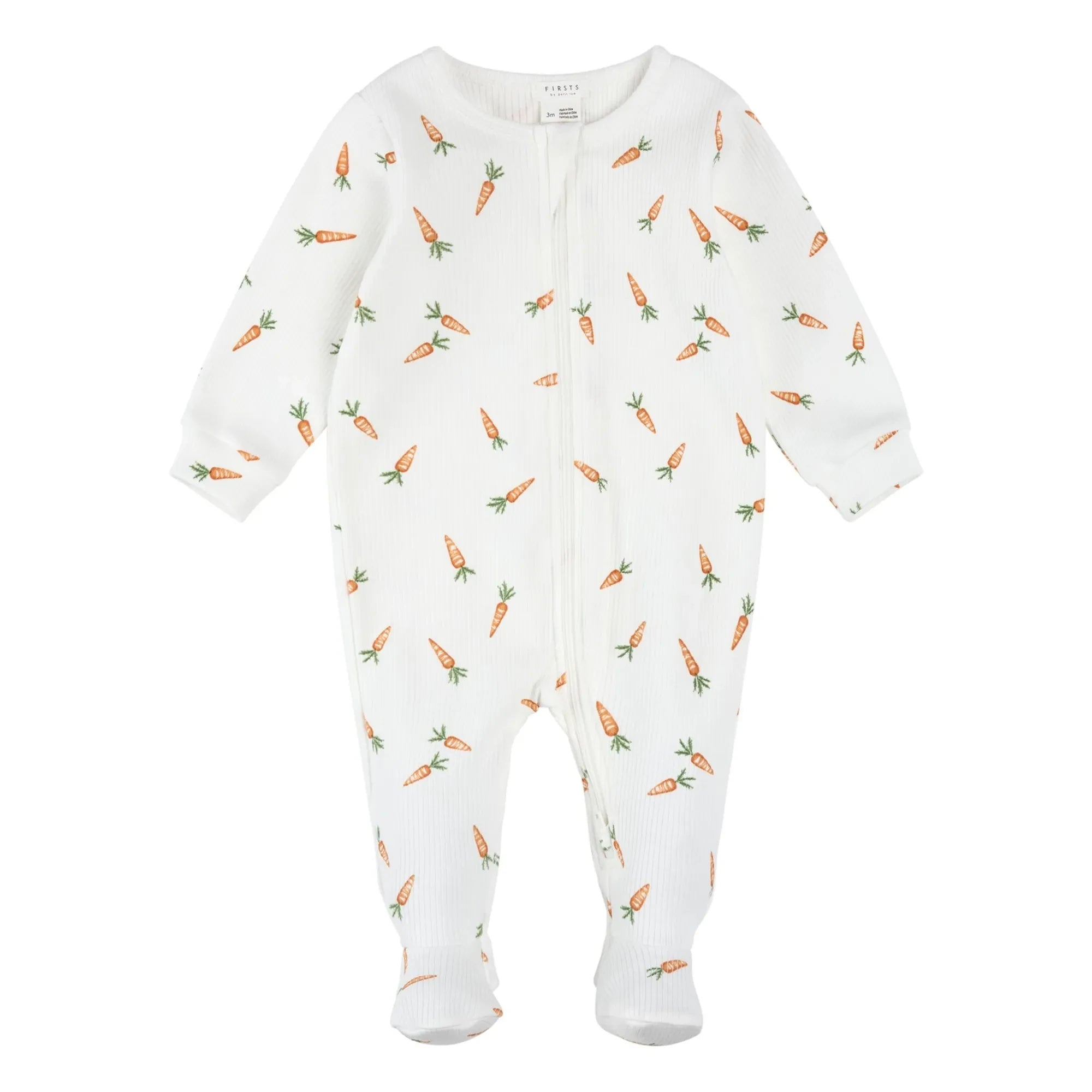 Petit Lem - Pijama con pies con zanahorias, algodón orgánico acanalado | Blanco