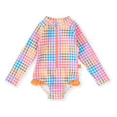 Goldie + Ace - Traje de baño de manga larga con estampado de azulejos | Rosa
