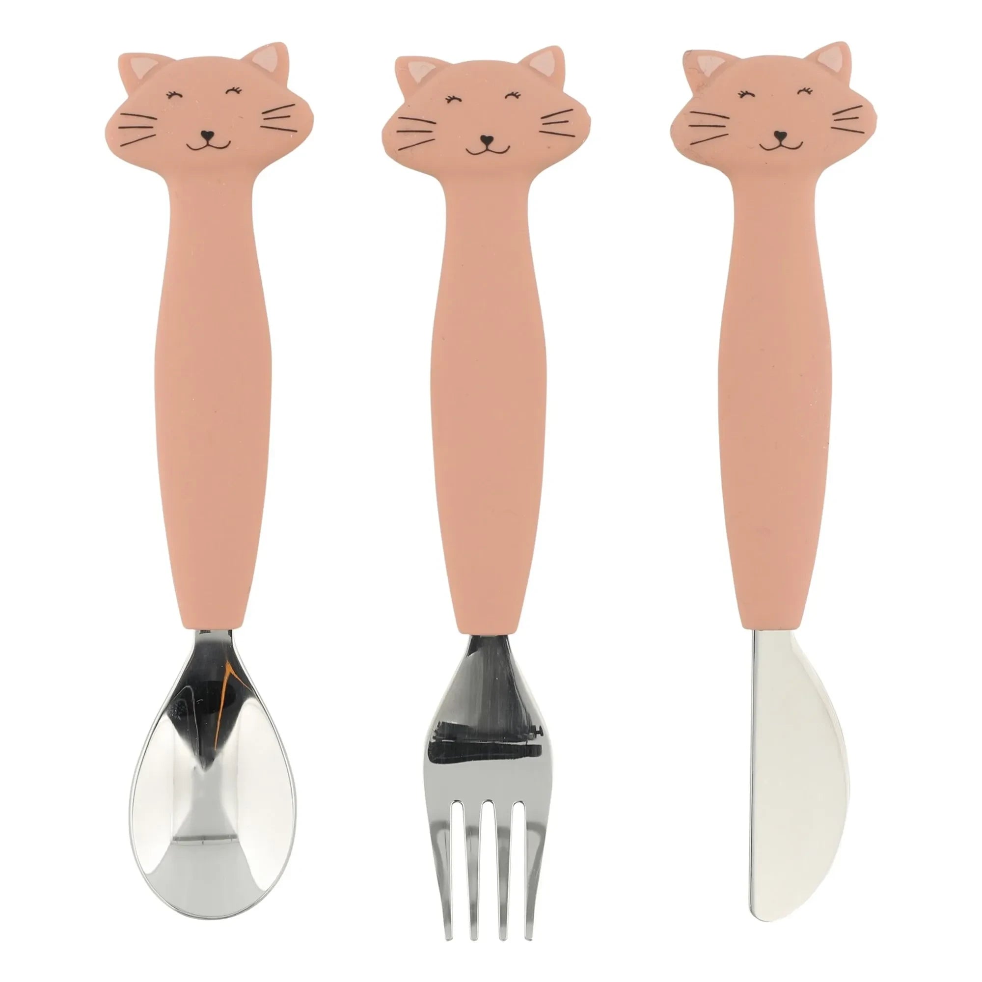 Trixie - Cuchara, Tenedor y Cuchillo de Silicona Mrs. Cat - Set de 3 | Rosa