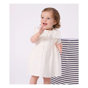 Petit Bateau - Conjunto de vestido con cuello marinero y braguita tipo bloomer en lino y algodón orgánico | Blanco
