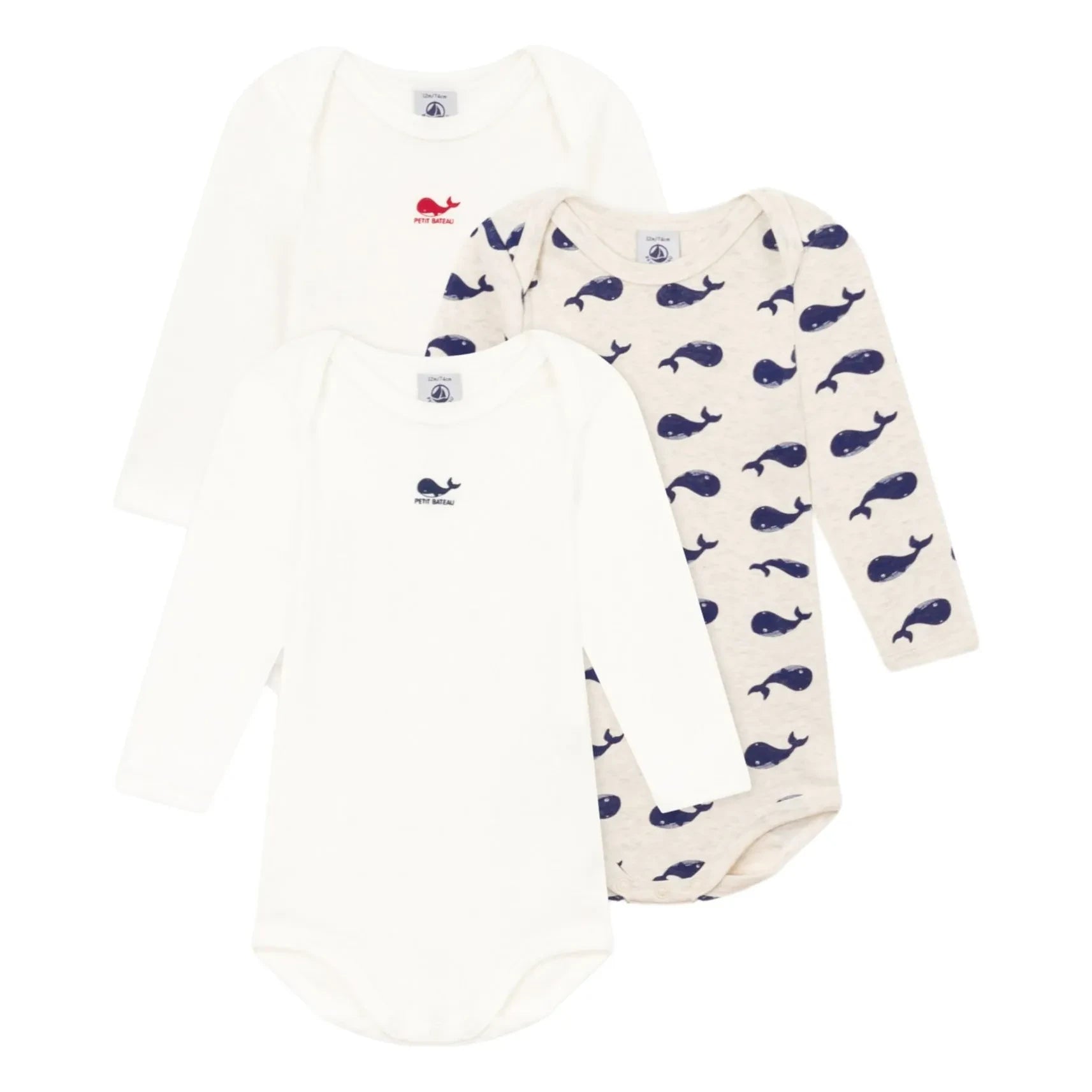 Petit Bateau - Conjunto de 3 Bodys de Manga Larga de Algodón Orgánico con Estampado de Ballenas | Blanco