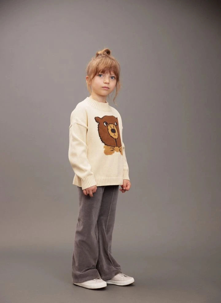 Mini Rodini - Suéter intarsia de algodón orgánico con oso | Ecru