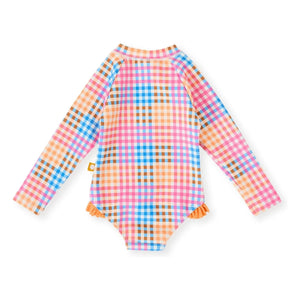 Goldie + Ace - Traje de baño de manga larga con estampado de azulejos | Rosa