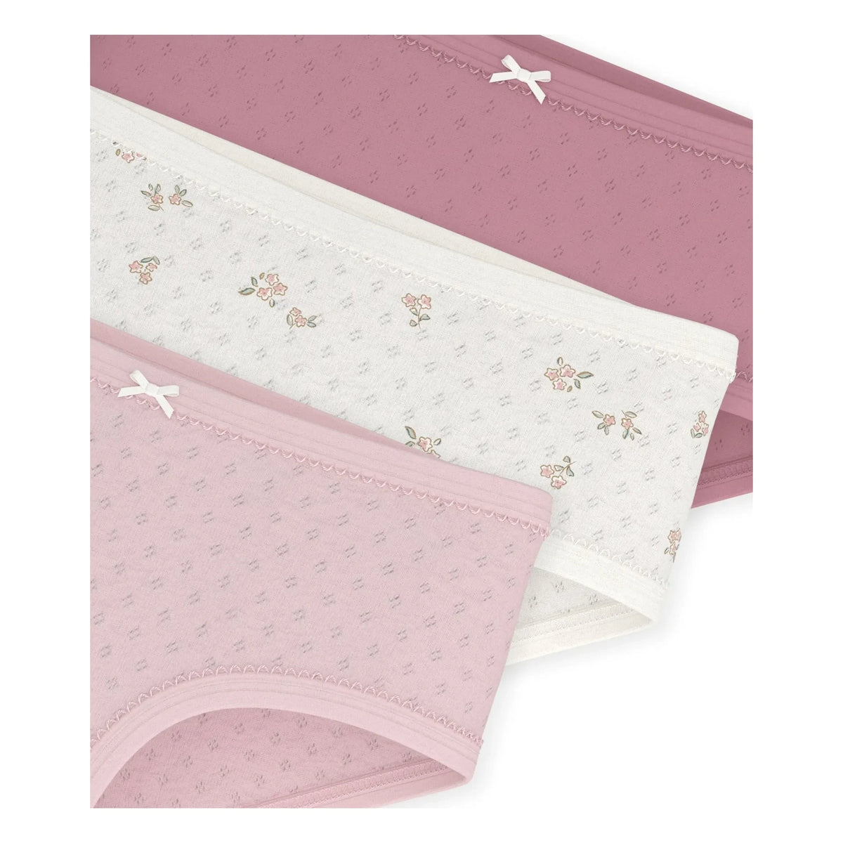 Petit Bateau - Set de 3 braguitas de punto calado de algodón orgánico de talle alto | Rosa