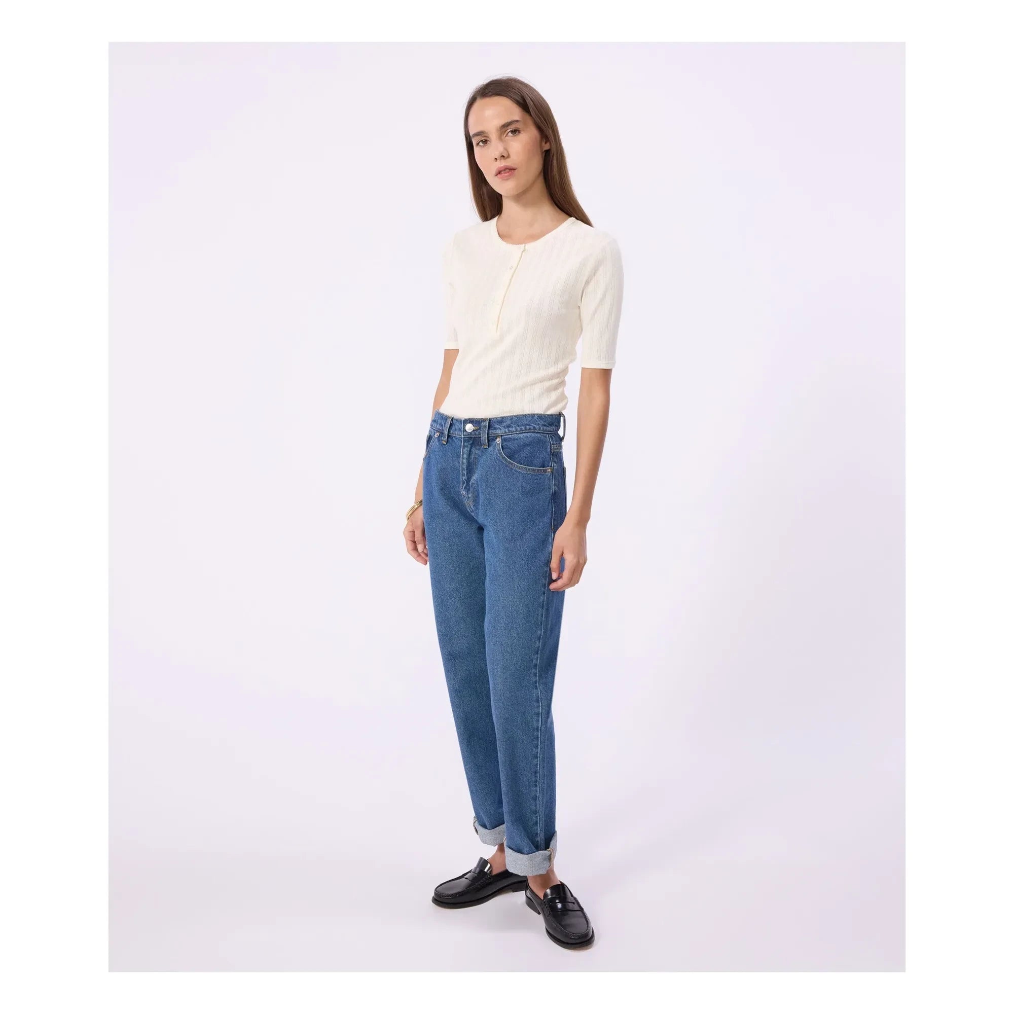 Petit Bateau - Camiseta con cuello tunecino de punto calado | Crudo