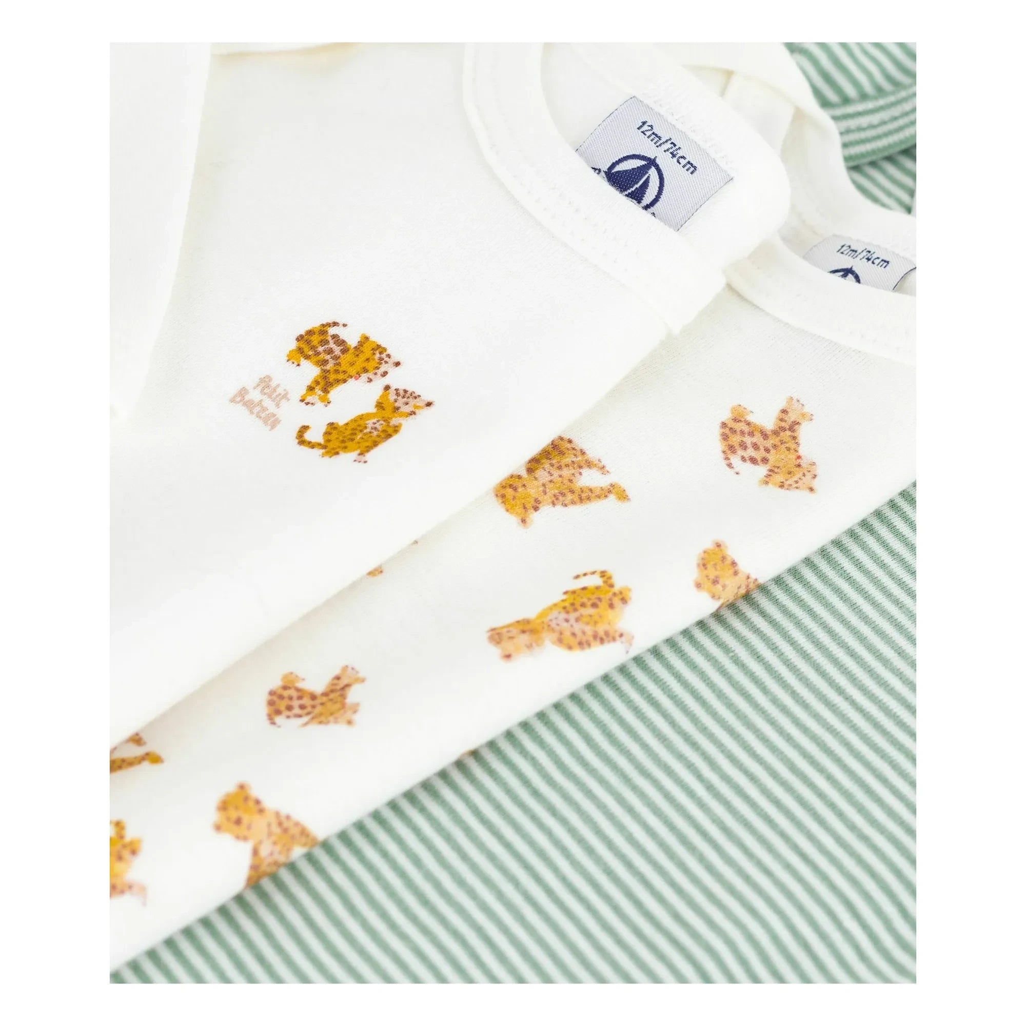 Petit Bateau - Conjunto de 3 Bodys de Algodón Orgánico con Estampado de Guepardo | Blanco