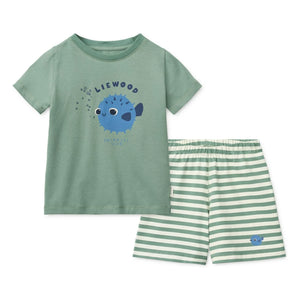 Liewood - Conjunto de camiseta y pantalón corto de algodón orgánico con estampado de pez globo | Verde