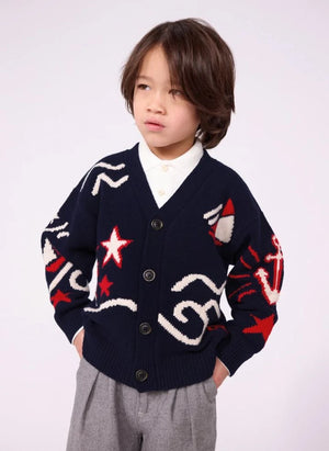 Petit Bateau - Cárdigan de lana azul marino de corte holgado y escote en V