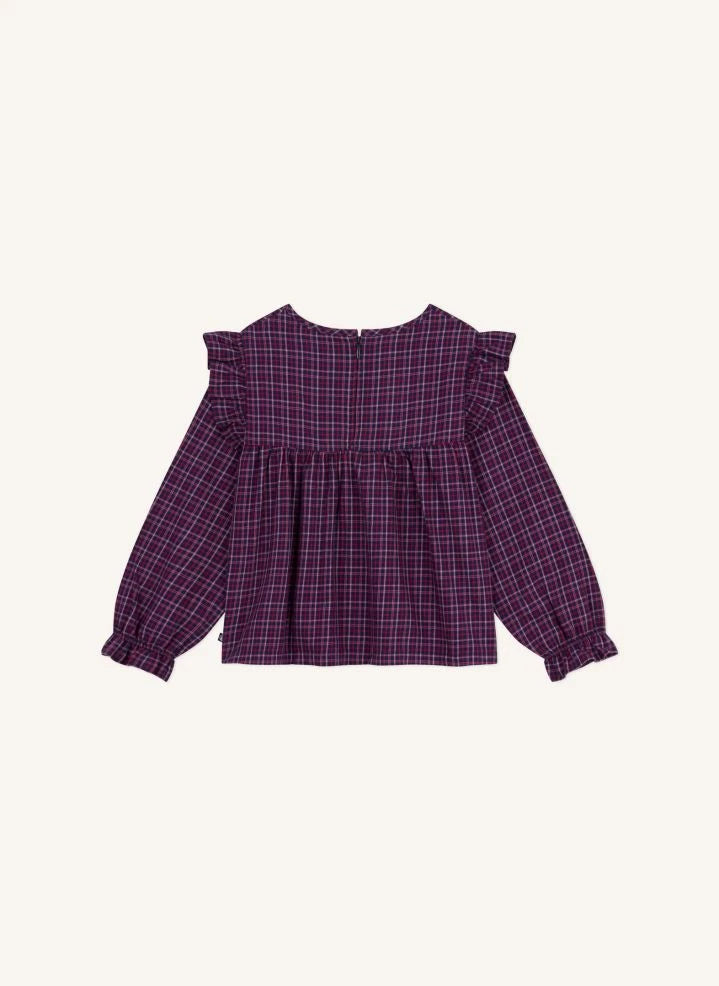 Petit Bateau - Blusa a cuadros con volantes de algodón orgánico | Azul marino