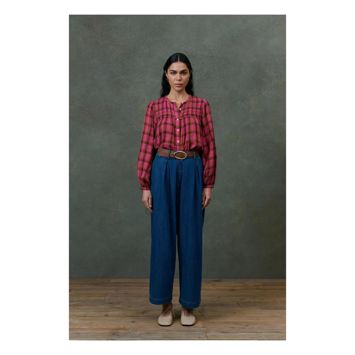 Louise Misha - Blusa Jally Alpenglow Gasa de Algodón Orgánico Cuadros Doble Capa - Colección Mujer | Rosa