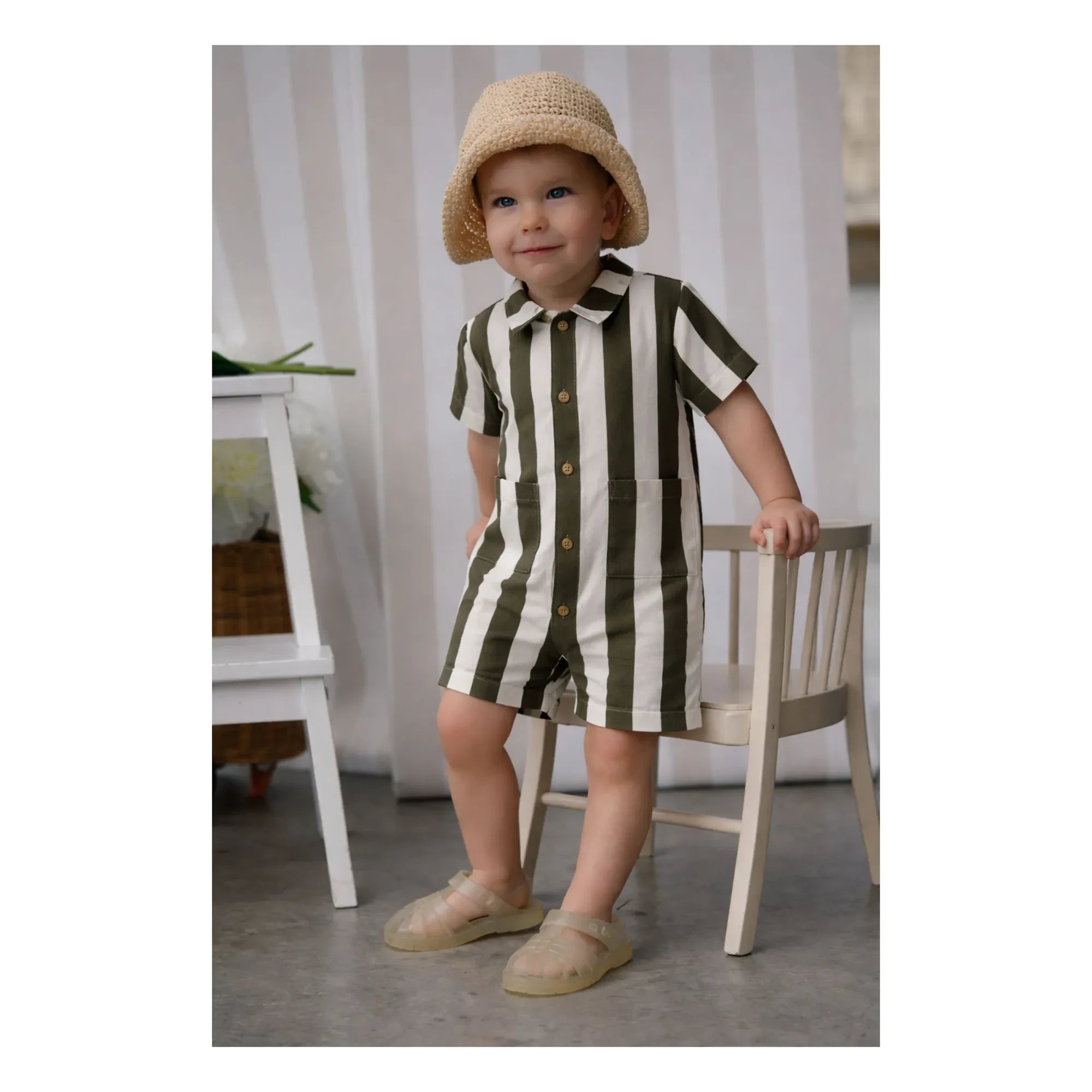 Lililotte - Charly Mono Gabardina de Algodón Orgánico a Rayas | Oliva