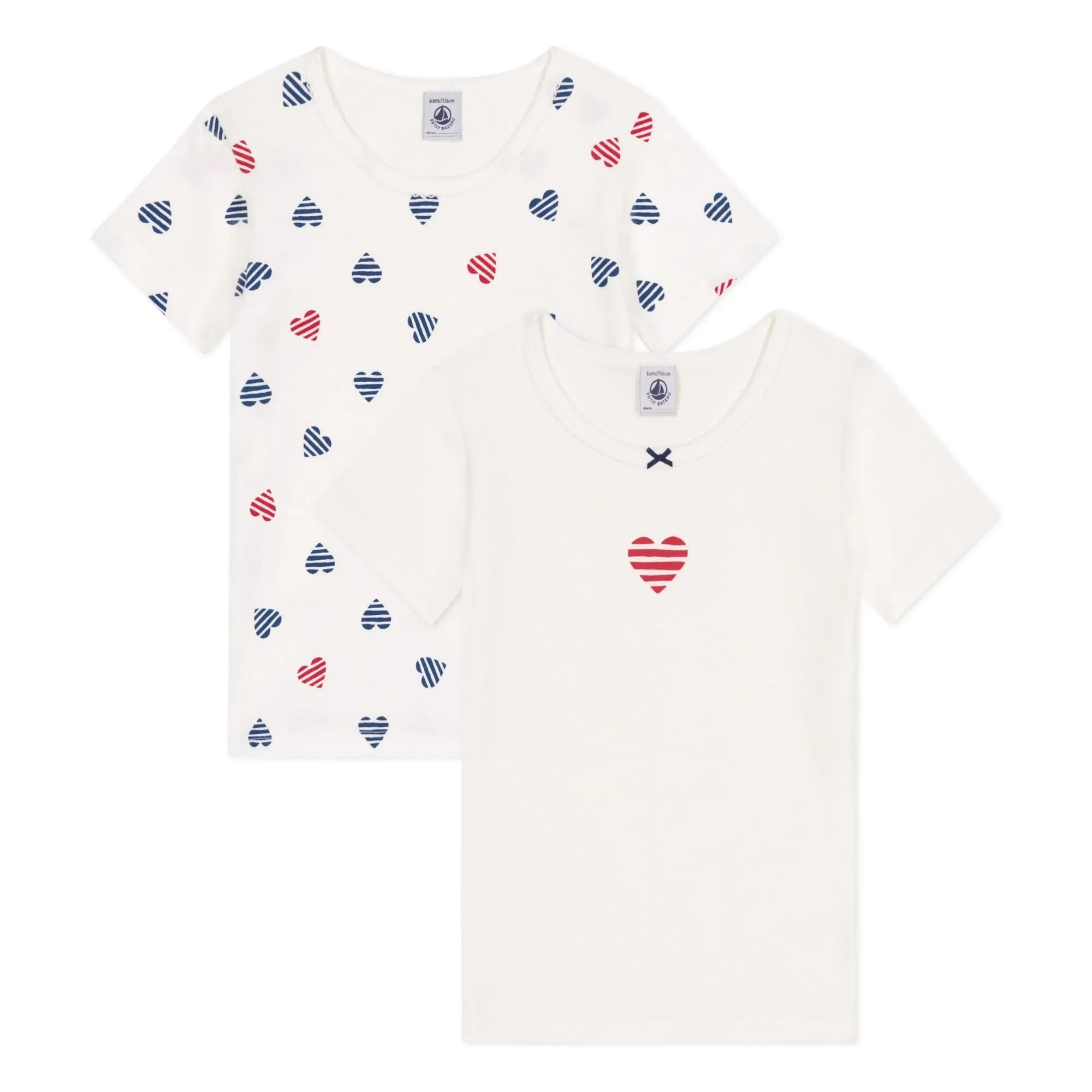 Petit Bateau - Set de 2 camisetas de algodón orgánico con rayas y corazón | Blanco