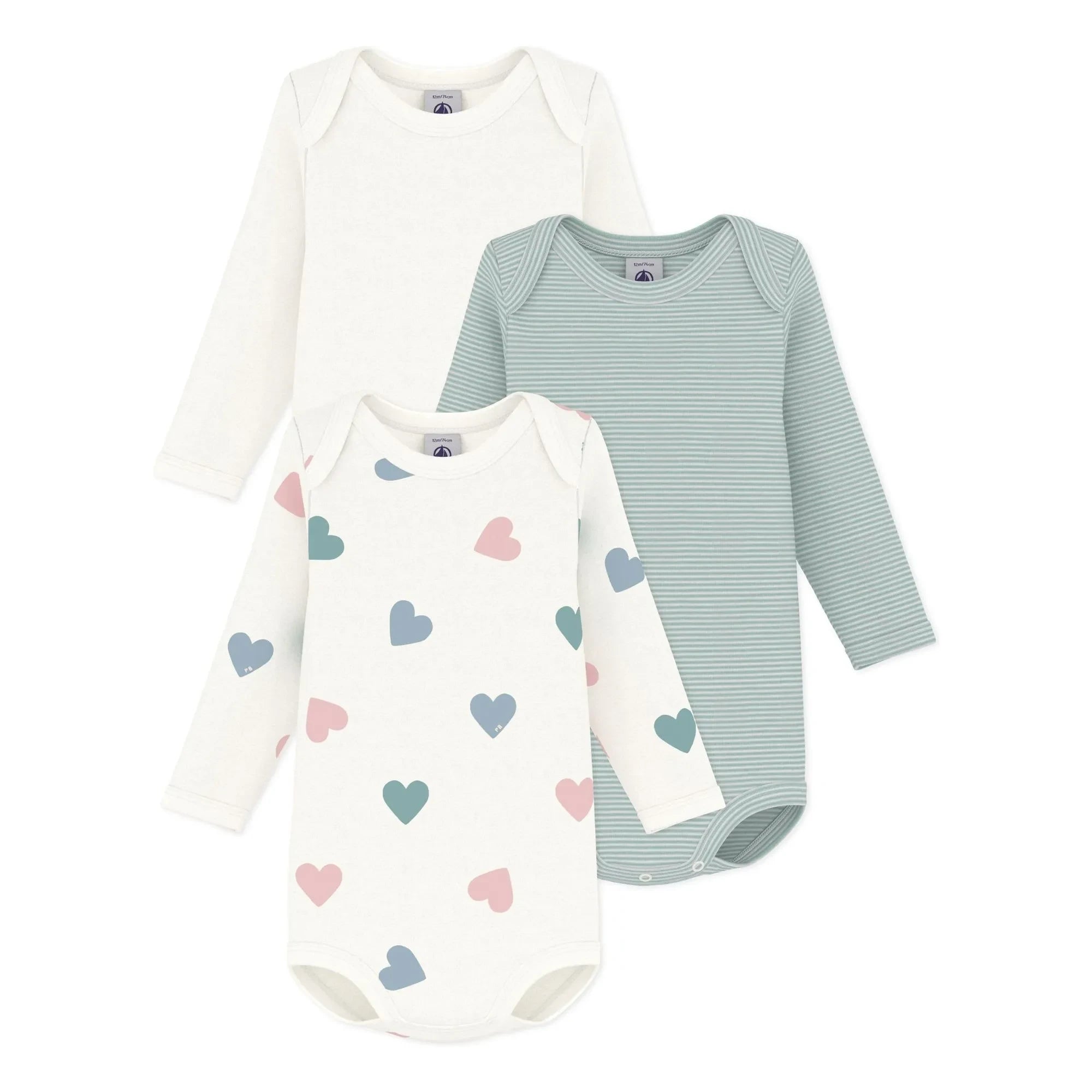 Petit Bateau - Set de 3 bodies de algodón orgánico a rayas | Blanco