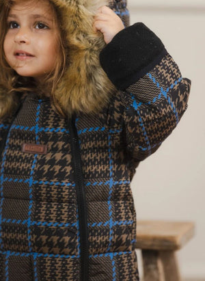 Töastie - Chaqueta con capucha de piel sintética impermeable Cloud, patrón de cuadros de fibra reciclada | Azul