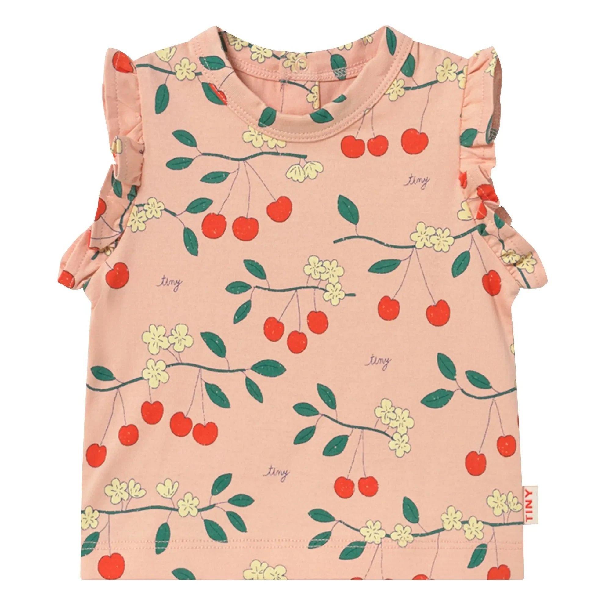 Tinycottons - Camiseta cerezas con volantes Algodón orgánico | Rosa