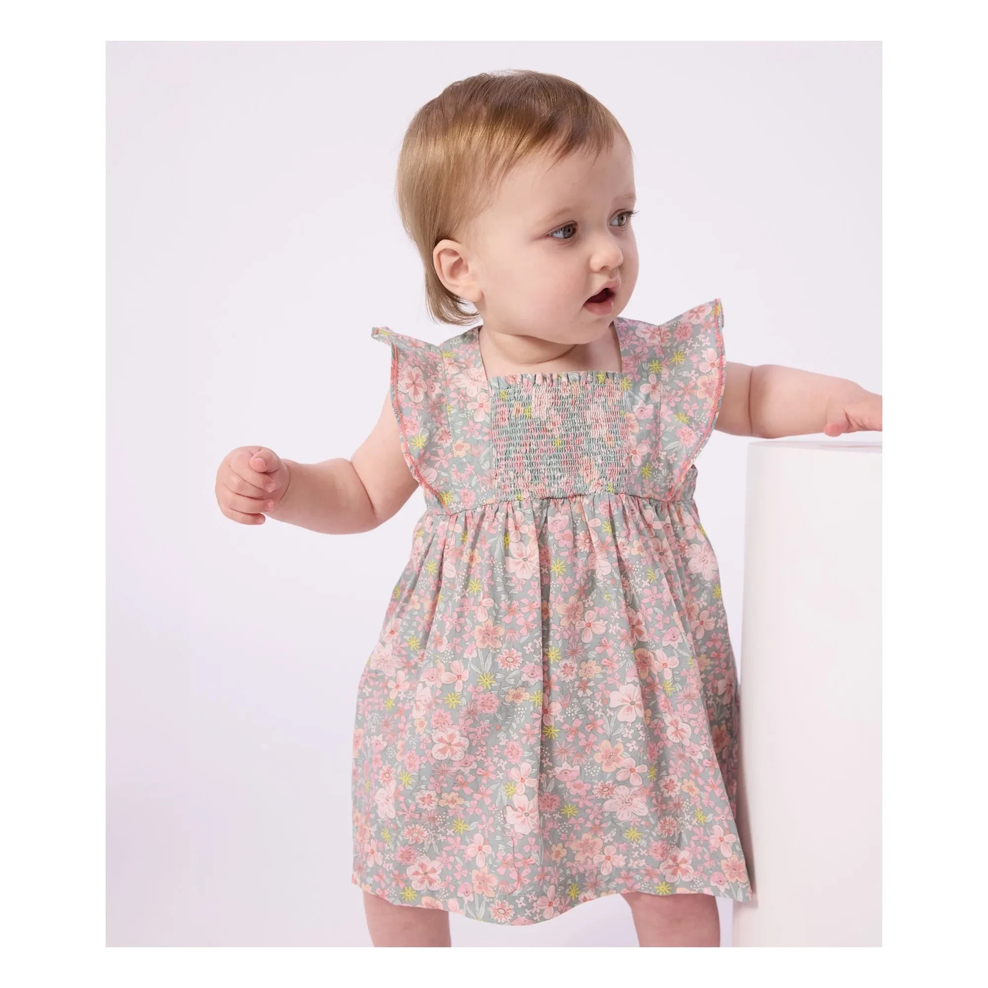 Petit Bateau - Conjunto de vestido y braguita bloomer de algodón orgánico con estampado floral | Azul grisáceo