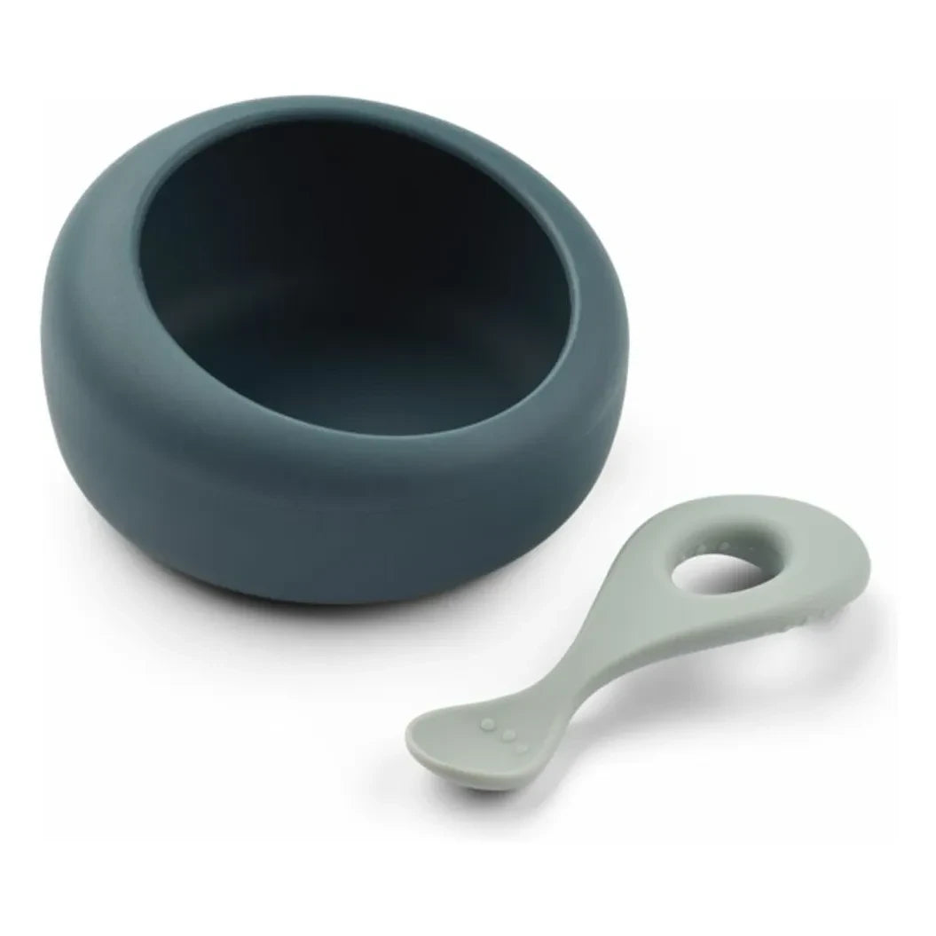 Liewood - Cuenco y cuchara de silicona Sparia | Azul ballena/Azul paloma