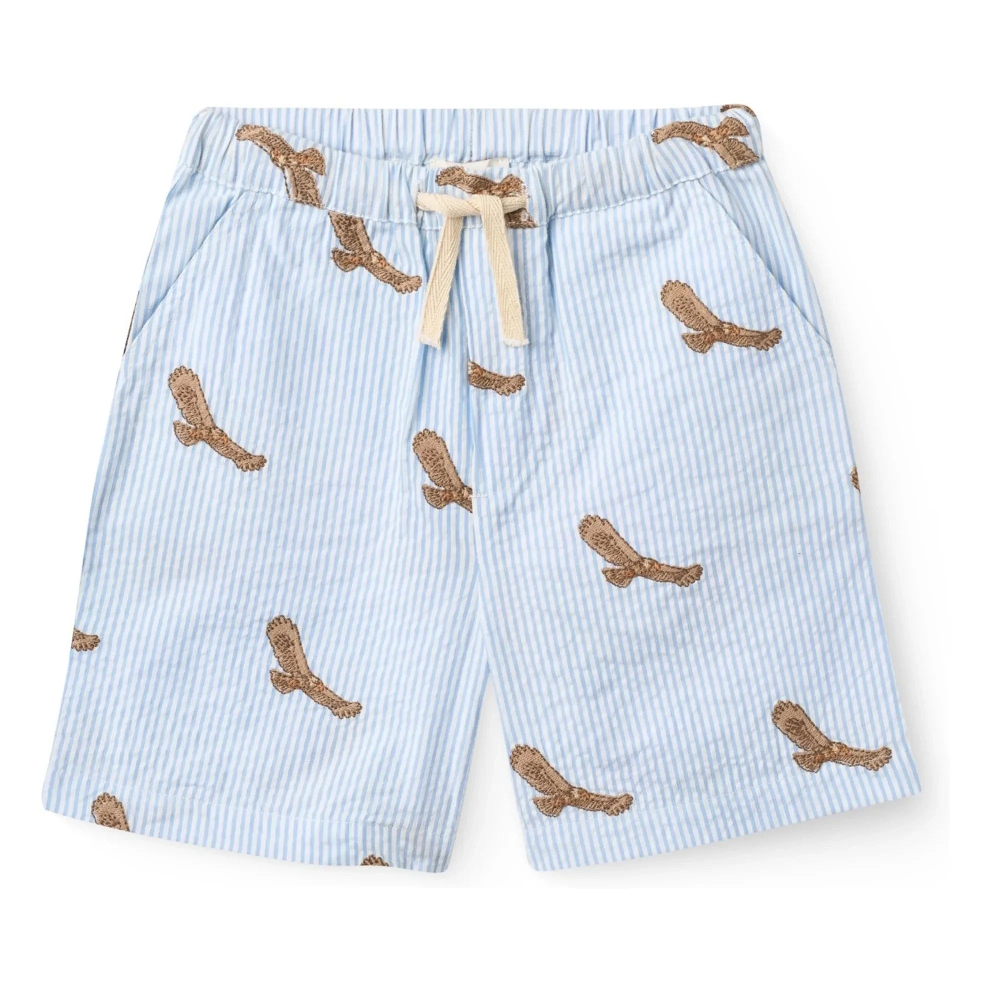 Copenhagen Colors - Pantalón corto bordado de algodón orgánico seersucker Eagles | Azul claro