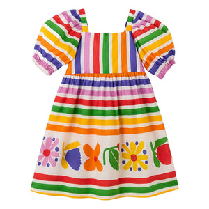 Fábula - Vestido de manga abullonada a rayas y flores | Amarillo