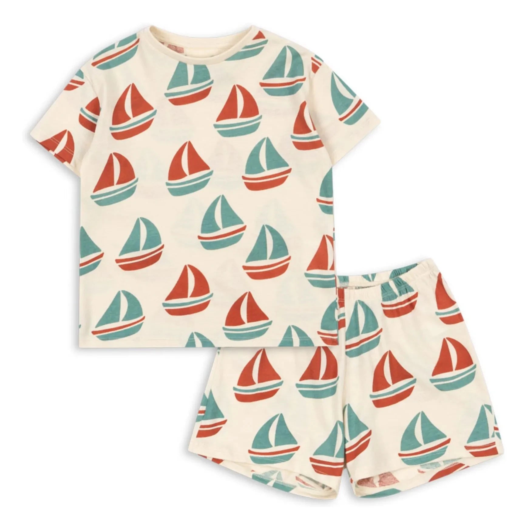 Konges Sløjd - Set de camiseta y pantalón corto de algodón orgánico Famo Bateaux | Beige