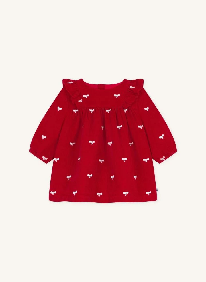 Petit Bateau - Vestido de pana rojo de algodón orgánico con lazo
