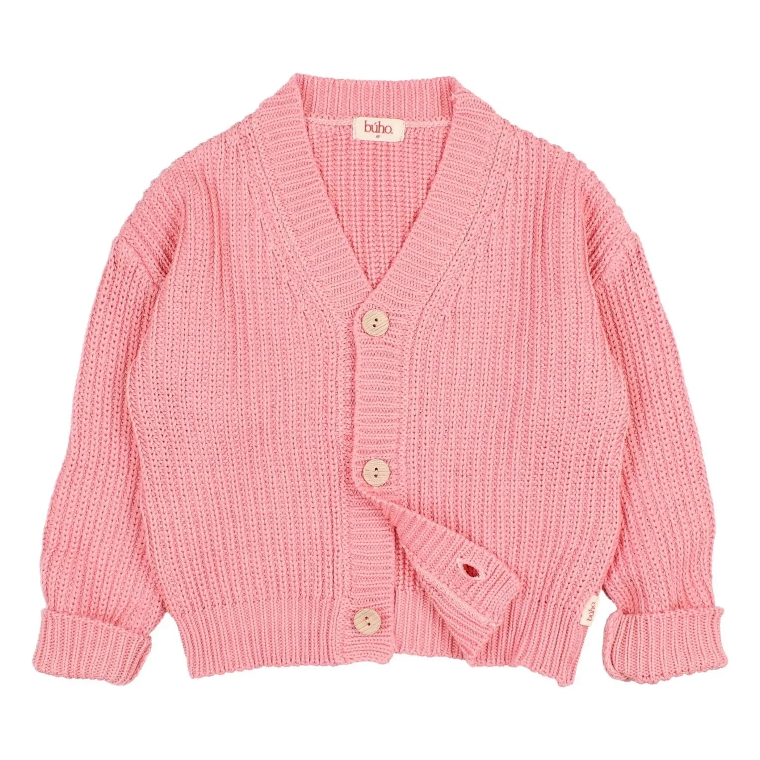Búho - Cárdigan de canalé de algodón orgánico con cuello en V | Rosa caramelo