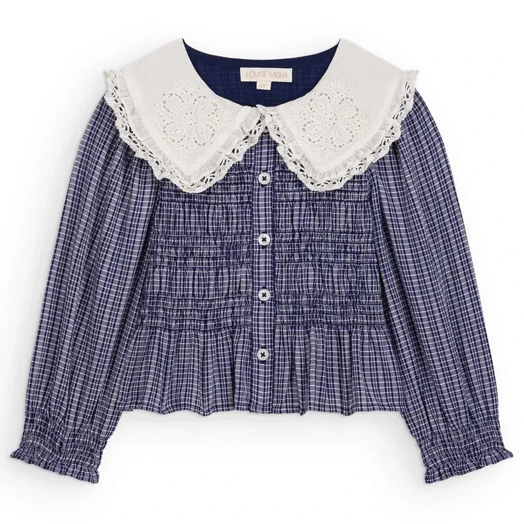 Louise Misha - Blusa fruncida Enola Cuadros de algodón orgánico | Azul