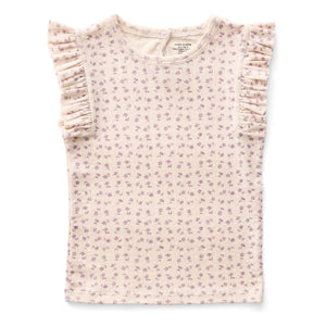 Soor Ploom - Camiseta de Algodón Orgánico con Volantes de Pointelle Estampado Floral | Blanco Roto