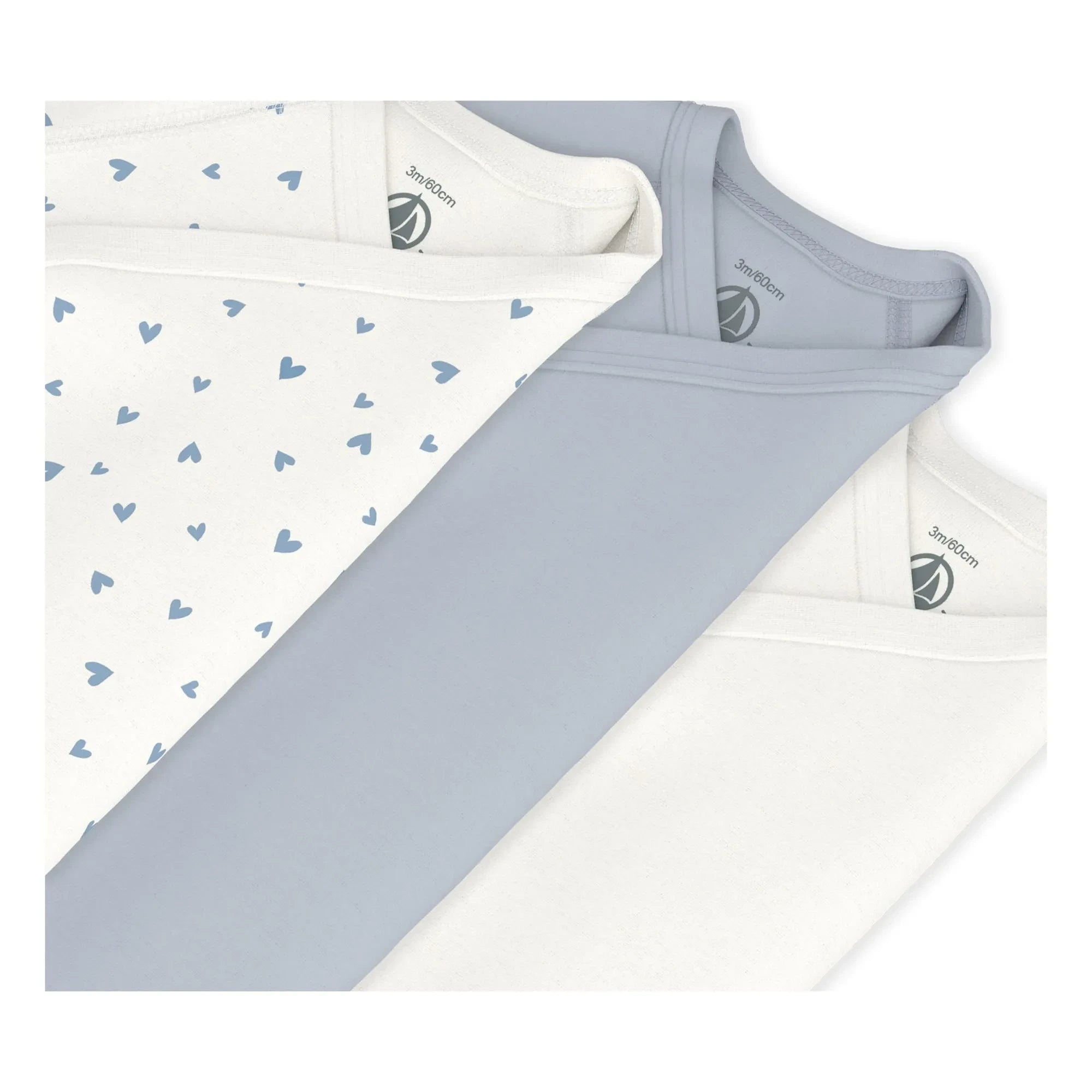 Petit Bateau - Conjunto de 3 bodies cruzados de algodón orgánico con corazones | Blanco