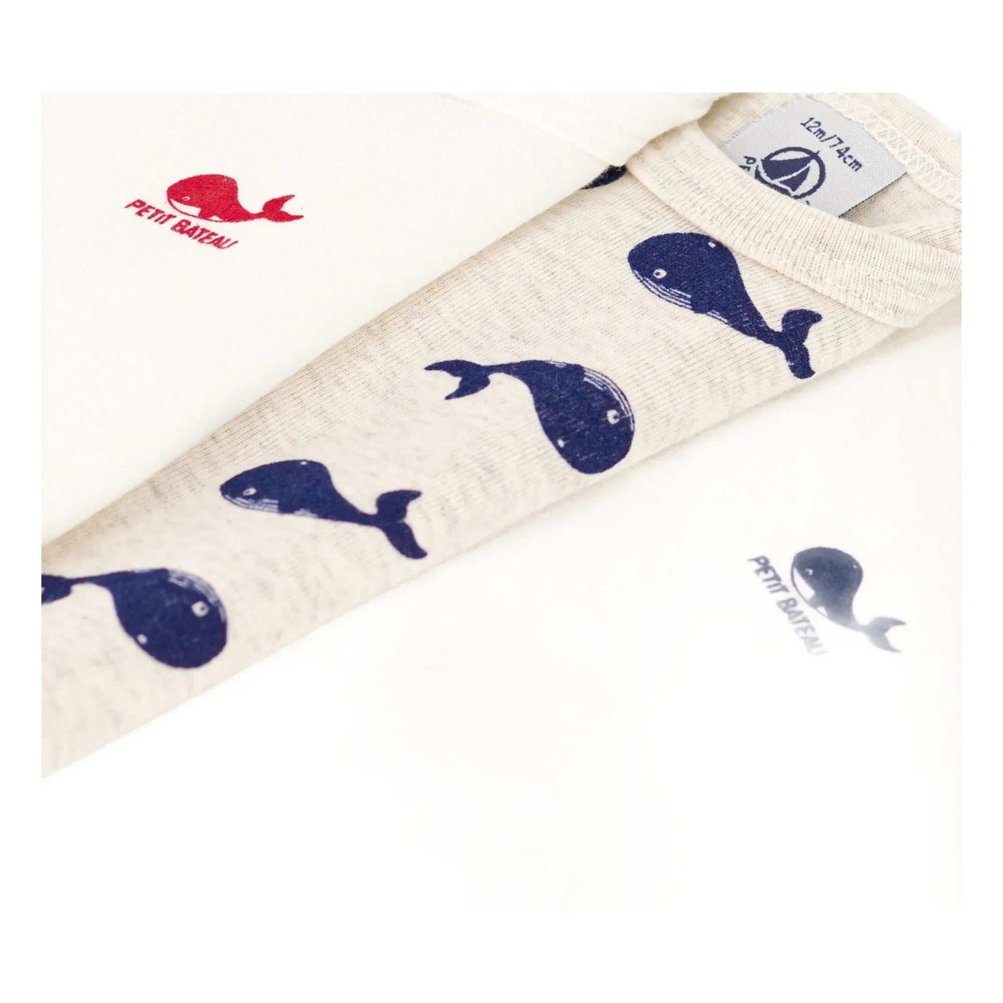 Petit Bateau - Conjunto de 3 Bodys de Manga Larga de Algodón Orgánico con Estampado de Ballenas | Blanco