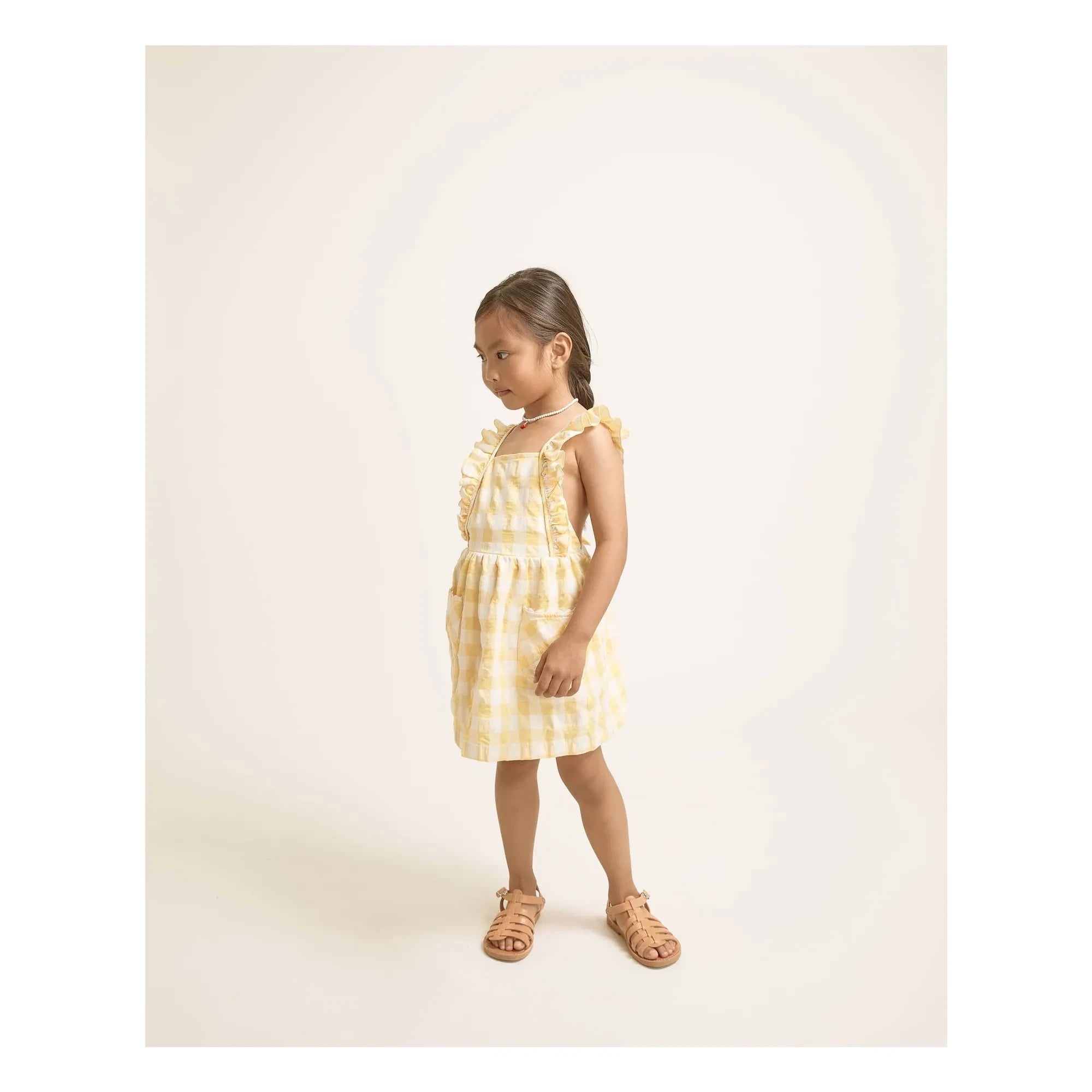 Búho - Vestido de algodón orgánico seersucker con estampado de cuadros Gingham | Amarillo