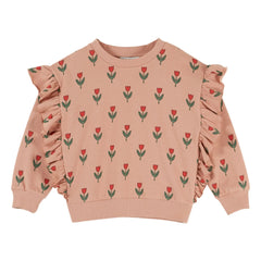 Emile et Ida - Organik pamuklu çiçek desenli fırfırlı sweatshirt | Pembe