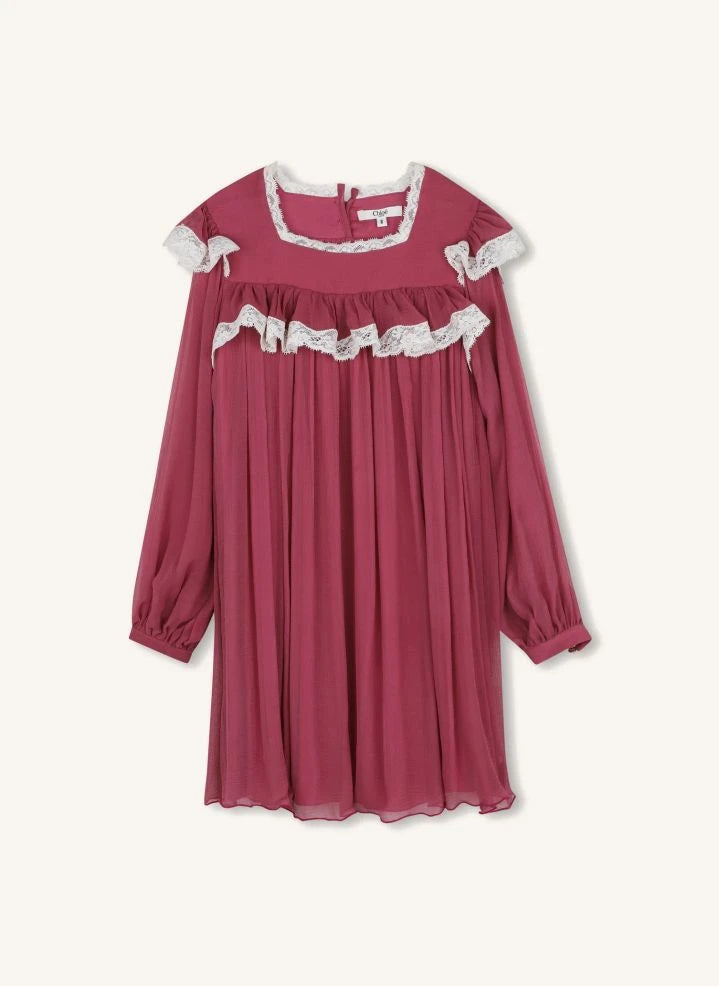 Chloé - Vestido de encaje de seda arrugada | Rosa