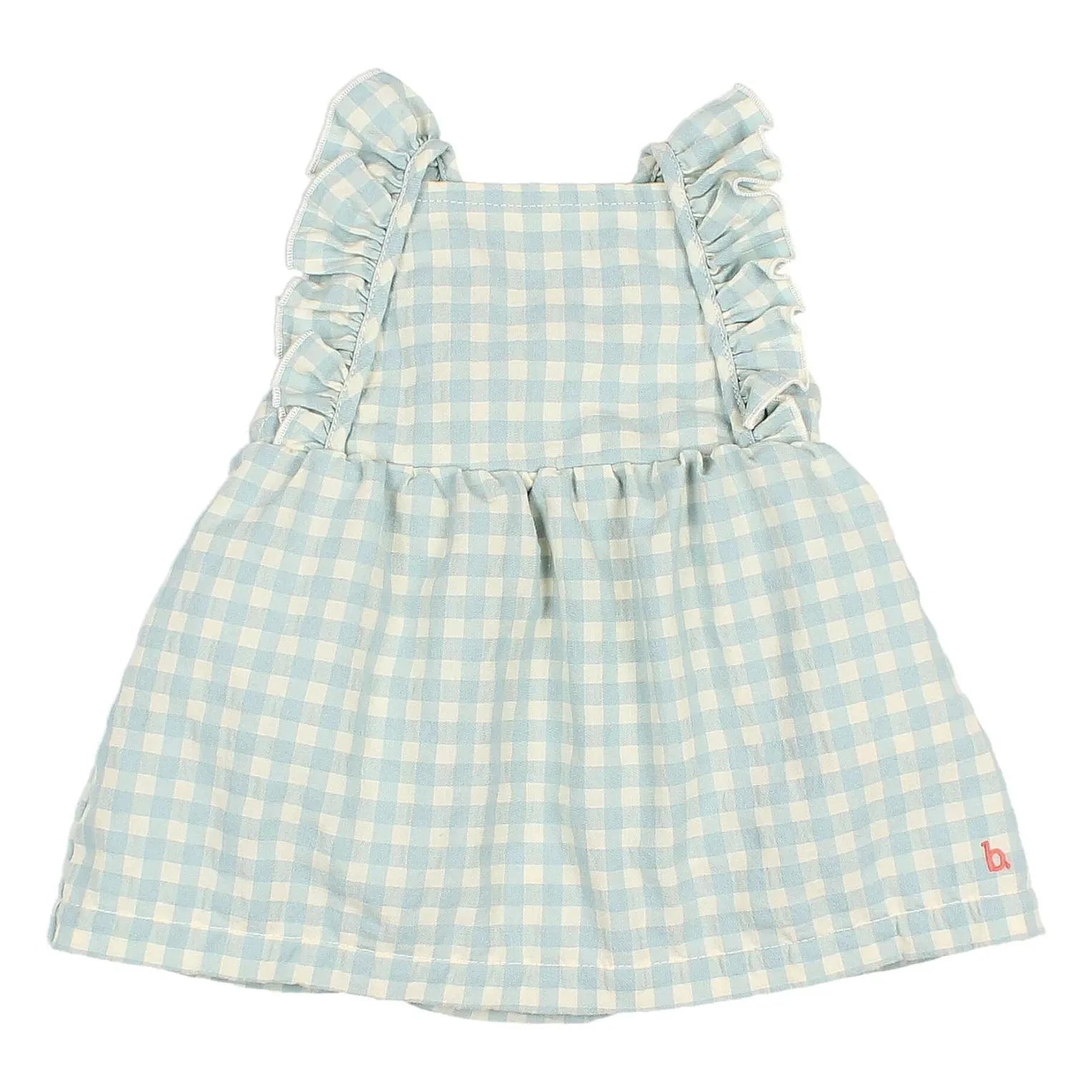 Búho - Vestido enterito de algodón orgánico seersucker con volantes a cuadros | Aqua