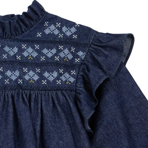 Bonton - Babouchka Pamuklu Chambray Fırfırlı Elbise | Koyu Mavi