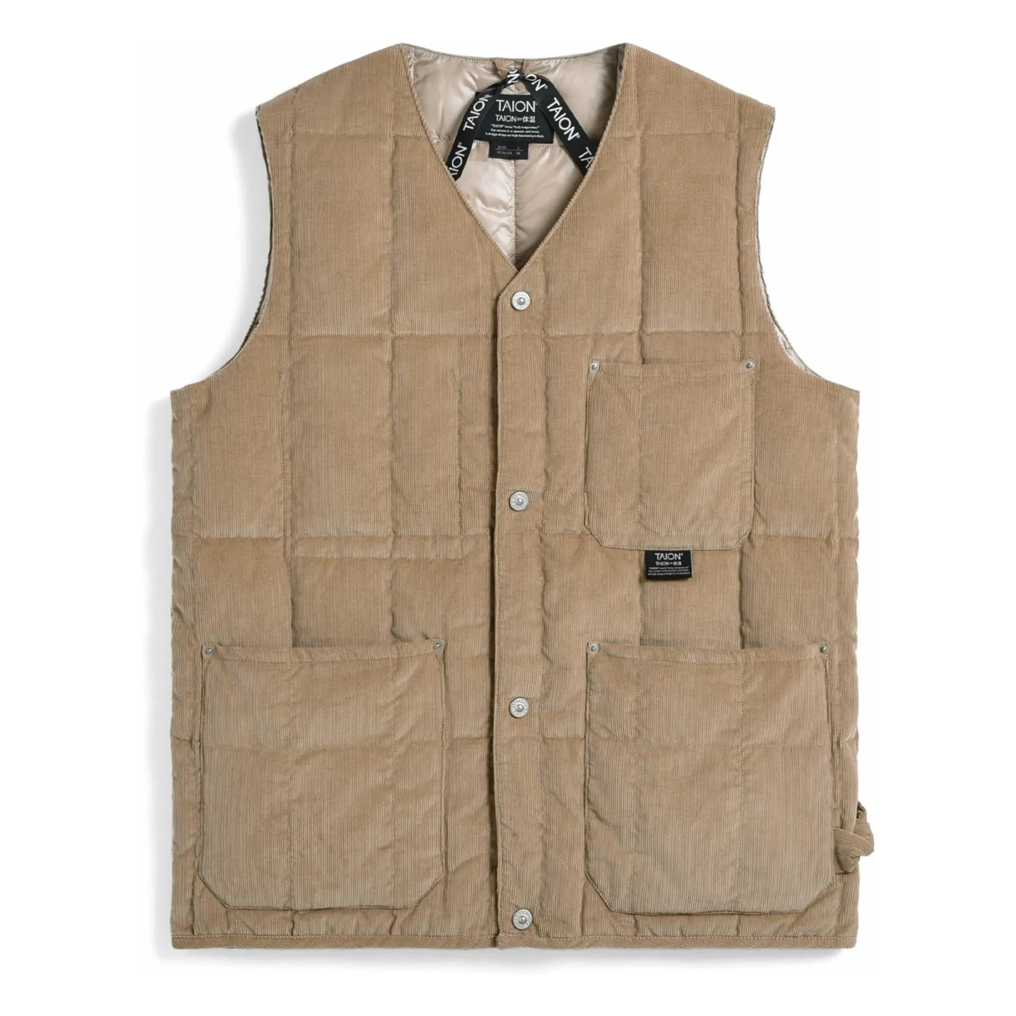 Taion - Chaleco sin mangas con cuello de pico de terciopelo abotonado | Beige