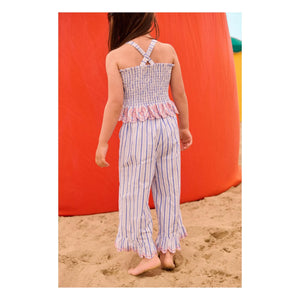 Louise Misha - Pantalones con Volantes de Popelín Rayado de Algodón Orgánico Loukini | Azul