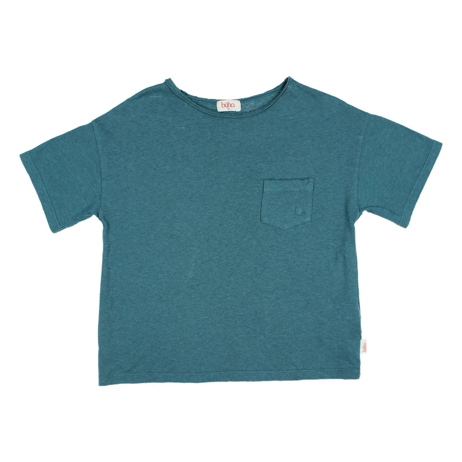 Búho - Camiseta con bolsillo de lino | Azul pavo real