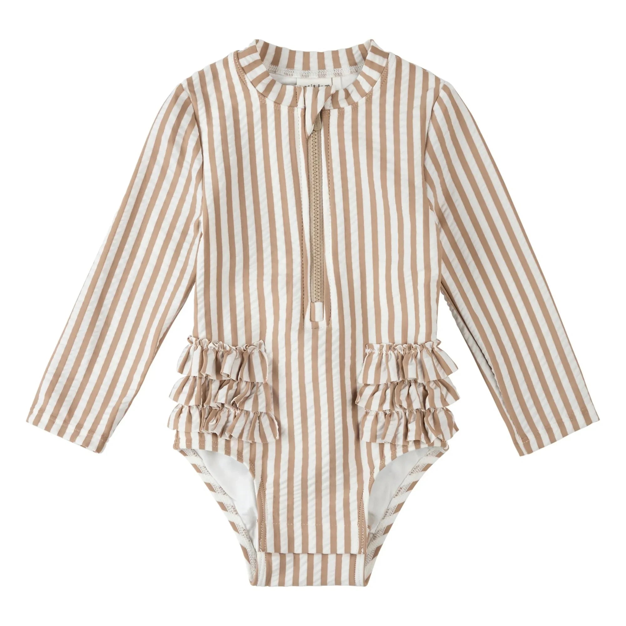 Petit Lem - Bañador de Seersucker de Manga Larga a Rayas con Fibras Recicladas | Beige