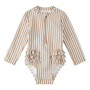 Petit Lem - Bañador de Seersucker de Manga Larga a Rayas con Fibras Recicladas | Beige